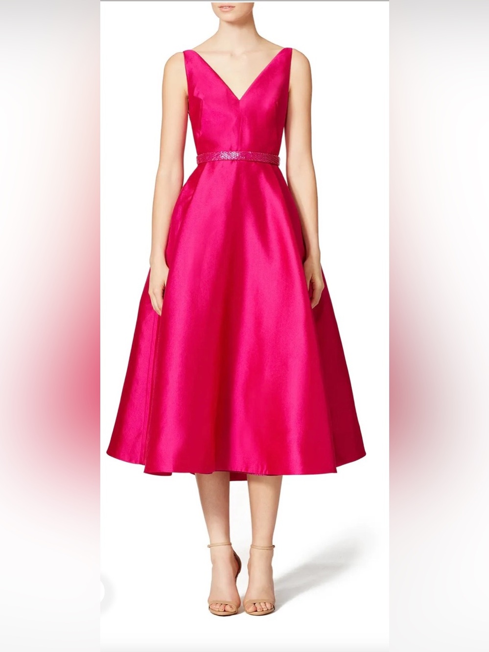 ML Monique Lhuillier Hot Pink Fuchsia V-Neck Belted Tea length Dress - Size 2